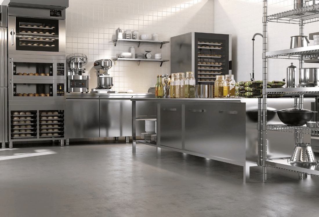 Food industrial kitchen with slip resistant resin flooring that enhances safety for workers.